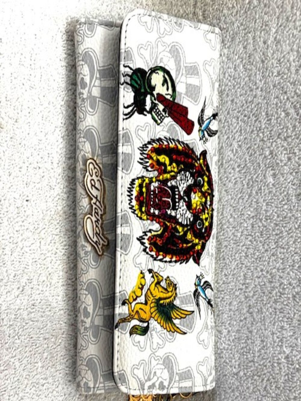 Don Ed Hardy's embellished tiger face white vegan leather wallet NWT